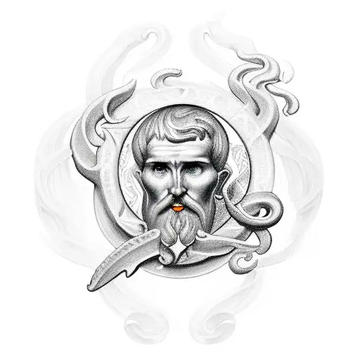 A Saint Benedict symboled surrounded by waves with a fenix theme tattoo design idea