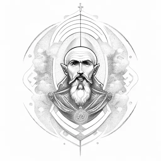 A Saint Benedict symboled surrounded by waves with a fenix theme tattoo design idea