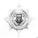 A Saint Benedict symboled surrounded by waves with a fenix theme tattoo design idea