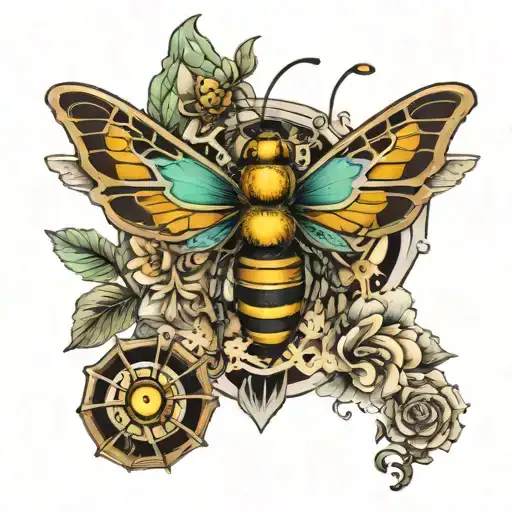 steam punk bee, dragon fly, butterfly, and flowers tattoo design idea