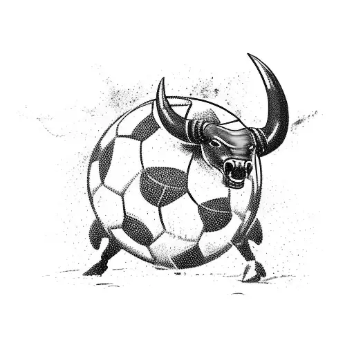 A fierce bull charging through a soccer ball, symbolizing strength and passion for both football and the military tattoo design idea