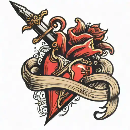 a heart with a dagger with a ribbon wrapped tattoo design idea