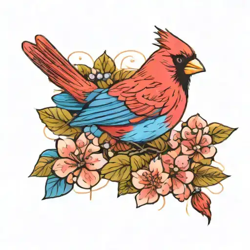 bright red cardinal sitting on a bright blue hydrangea tattoo design idea