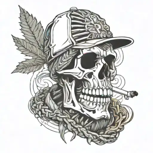 Skeleton with beanie jacket and cargo pants smoking weed tattoo design idea