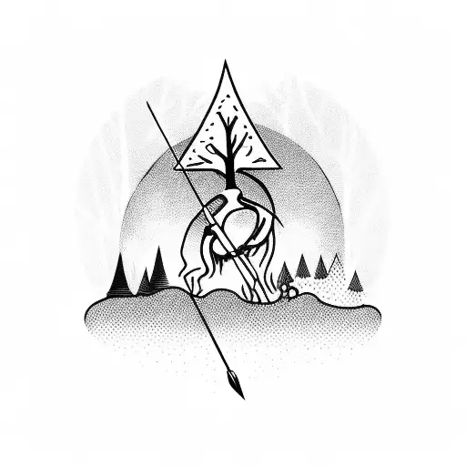 Bow with arrow and tree with black little wolf next to him tattoo design idea