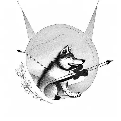 Bow with arrow and tree with black little wolf next to him tattoo design idea