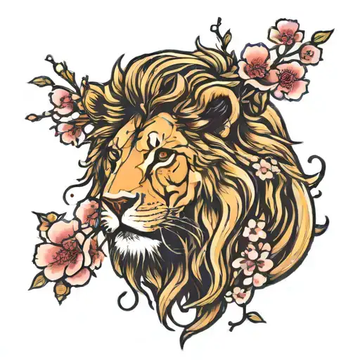 The lion of judah standing in cherry blossom petals falling tattoo design idea