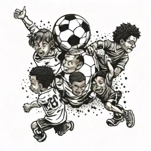 A soccer ball surrounded by children of different nationalities, symbolizing unity and the client's love for soccer and children tattoo design idea