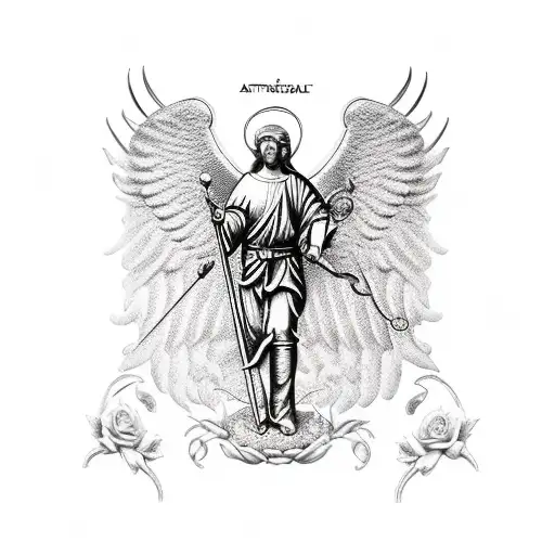 Saint Michael the Archangel with a clock and roses below him tattoo design idea