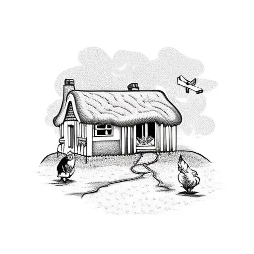 Cute Cottage surrounded by fireweed and a chicken wandering around the front tattoo design idea