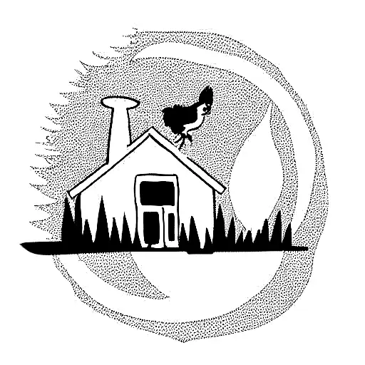 Cute Cottage surrounded by fireweed and a chicken wandering around the front tattoo design idea