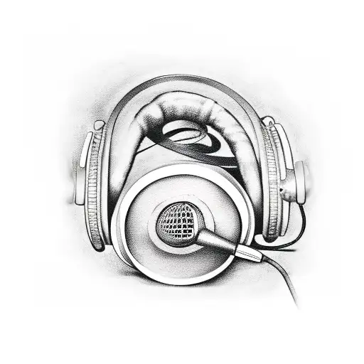 A realistic tattoo of a vintage microphone and headphones intertwined with piano keys, representing the harmony between music and technology tattoo design idea