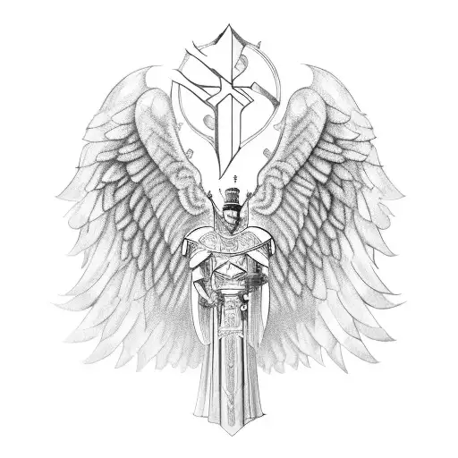 Incorporate angel wings and a crown into a protective armor design symbolizing the father's role as a guardian of his family tattoo design idea