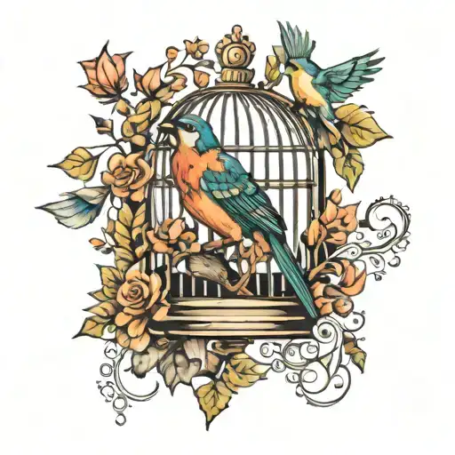 birds and open cage with leaves around tattoo design idea