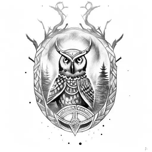 Warrior holding a Viking shield adorned with an owl emblem, standing in a forest clearing tattoo design idea