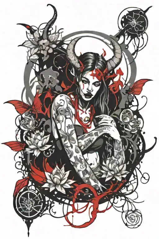 Succubus female surounded by Kawaii Womb Symbol lotus flower tattoo design idea