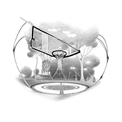 Basketball hoop transformed into an anime portal tattoo design idea
