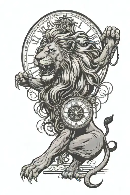 lion roaring with clock tattoo design idea