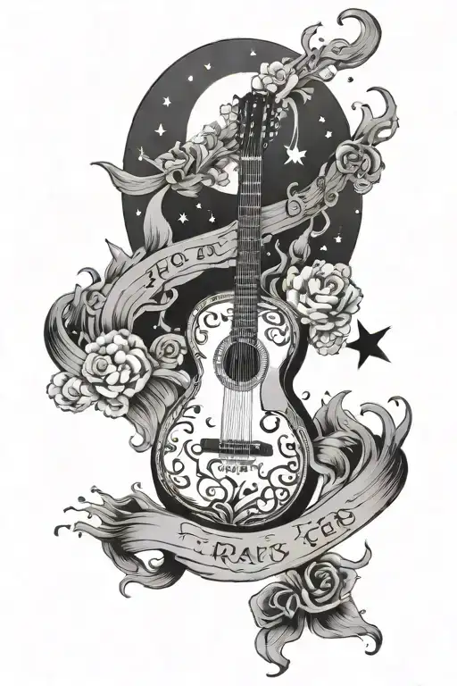 "Francis Forever" written within a classical guitar. three stars and the moon above. a cloud behind the guitar. tattoo design idea