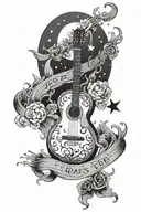 "Francis Forever" written within a classical guitar. three stars and the moon above. a cloud behind the guitar. tattoo design idea
