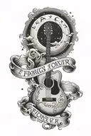 "Francis Forever" written within a classical guitar. three stars and the moon above. a cloud behind the guitar. tattoo design idea