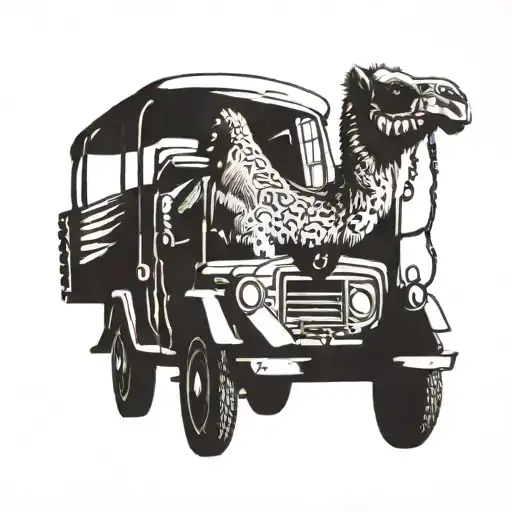 camel in a G wagon driving through life tattoo design idea