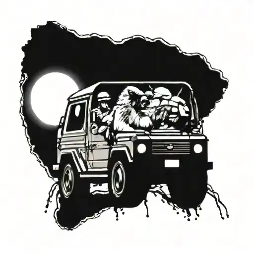 camel in a G wagon listening to rock music tattoo design idea