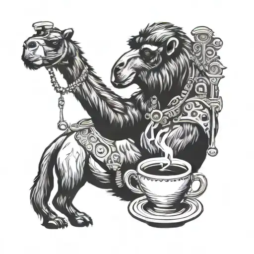 camel and monkey drinking coffee tattoo design idea