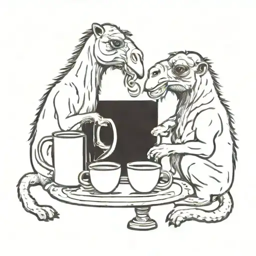 camel and monkey having  coffee tattoo design idea
