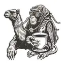 camel and monkey drinking coffee tattoo design idea