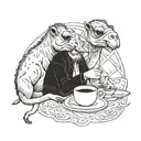 camel and monkey having  coffee tattoo design idea