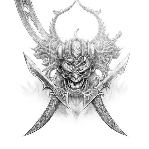 A demon warrior with intricate black and grey details wielding a demon sword tattoo design idea