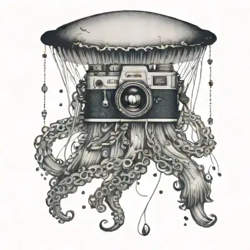 A mystical jellyfish floating in the ocean with a camera hanging from its tentacles, capturing the beauty of the sea and the mountains in the background tattoo design idea