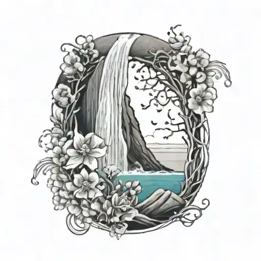 A serene ocean scene with a majestic waterfall cascading into the water, surrounded by vibrant flowers and a jellyfish floating by tattoo design idea