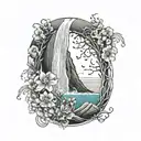 A serene ocean scene with a majestic waterfall cascading into the water, surrounded by vibrant flowers and a jellyfish floating by tattoo design idea