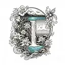 A serene ocean scene with a majestic waterfall cascading into the water, surrounded by vibrant flowers and a jellyfish floating by tattoo design idea