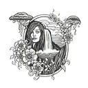 A serene ocean scene with a majestic waterfall cascading into the water, surrounded by vibrant flowers and a jellyfish floating by tattoo design idea