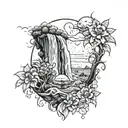 A serene ocean scene with a majestic waterfall cascading into the water, surrounded by vibrant flowers and a jellyfish floating by tattoo design idea