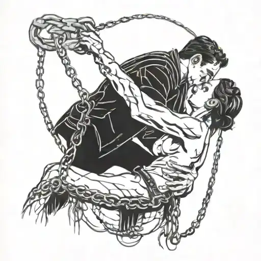 A dark and mysterious scene of a man choking a woman in a BDSM setting, intertwined with chains tattoo design idea
