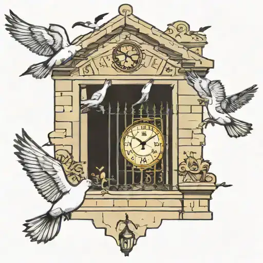 stair way closed jail bar gates 5 doves flying and a guy at the bottom looking up with a clock be hind gates tattoo design idea