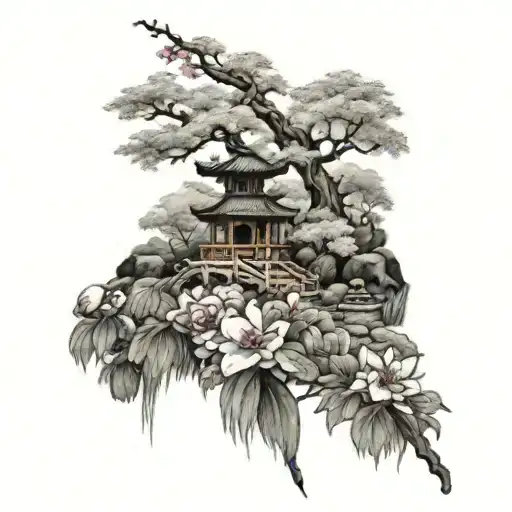 japanese garden with flowers tattoo design idea