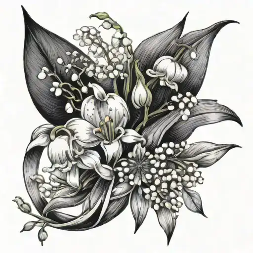 bouquet tied with a ribbon. lily of the valley, honeysuckle, and daisies. tattoo design idea
