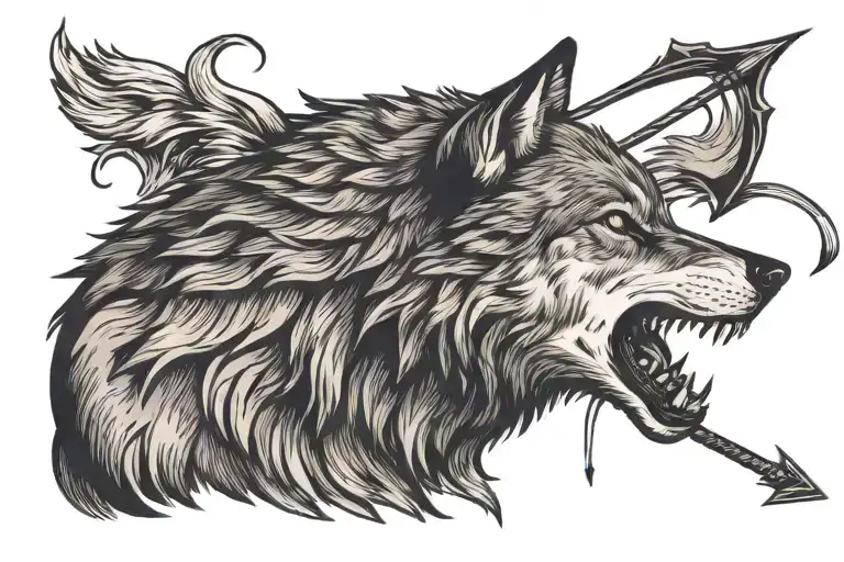 wolf howling to the moon with arrow pointing down  tattoo design idea