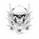 Harley Davidson motorcycle surrounded by dotwork skulls tattoo design idea