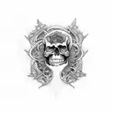 Harley Davidson motorcycle surrounded by dotwork skulls tattoo design idea