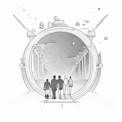 A mom, dad, and two baby boys walking on a path tattoo design idea