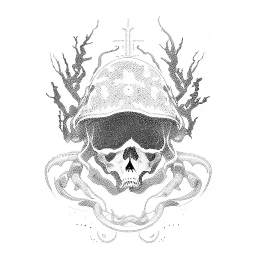 A hauntingly beautiful landscape inspired by Death Stranding, featuring Ludens as a mysterious figure in the distance tattoo design idea