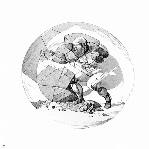 a mix between Atlas and Sisyphus serving their punishment together on the same stone stone slab, pen and ink, black and  tattoo design idea
