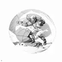 a mix between Atlas and Sisyphus serving their punishment together on the same stone stone slab, pen and ink, black and  tattoo design idea