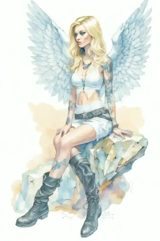 blonde female on boulder in fire lake heavenly light archangel wings in bdu tanks black boots m16 infinity necklace tattoo design idea